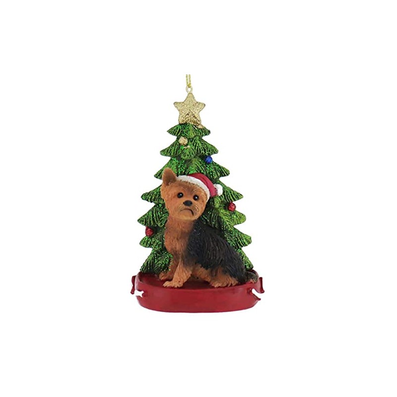Kurt Adler YORKSHIRE TERRIER WITH CHRISTMAS TREE ANE LIGHTS ORNAMENT