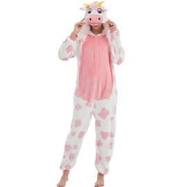 ACOGNA Cow Onesie Costume Adult Unisex Pajama Christmas Animal One Piece Cosplay Fleece Suit Pink Print Small