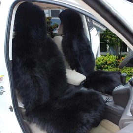 Gracefur A Pair Genuine Sheepskin Seat Covers, Long Wool Front Car Seat Covers, Easy to Install, Airbag Compatible Universal Fits Seat Covers for SUV, Trucks, Cars (Black)