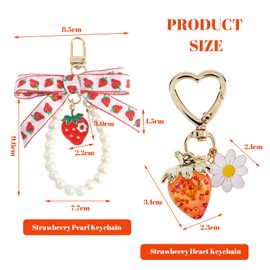 Calkkrer Strawberry Keychains, Cute Bag Charm with Heart, Flower, Pearl and Bow, Bag Charm, Keychain, Aesthetic Accessory, Pack of 2, multicoloured, L