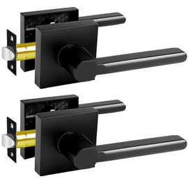 KAMOTA Passage Door Levers, 2 Pack Black Heavy-Duty Interior Door Handles, Square Non-Locking Door Locksets for Closets, Hallways and Conference Rooms, Left and Right Hand Reversible