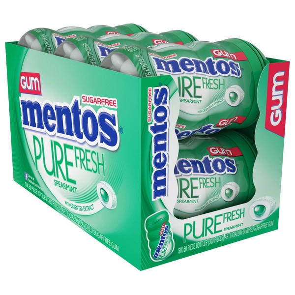 Mentos Pure Fresh Sugar-Free Chewing Gum with Xylitol, Spearmint, 50 Piece Bottle (Bulk Pack of 6)