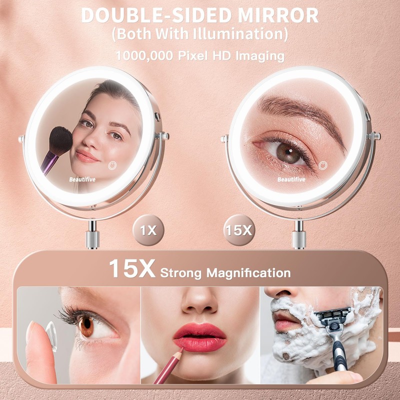 8” Large Lighted Makeup Mirror with Magnification, 15X/1X Rechargeable Magnifying