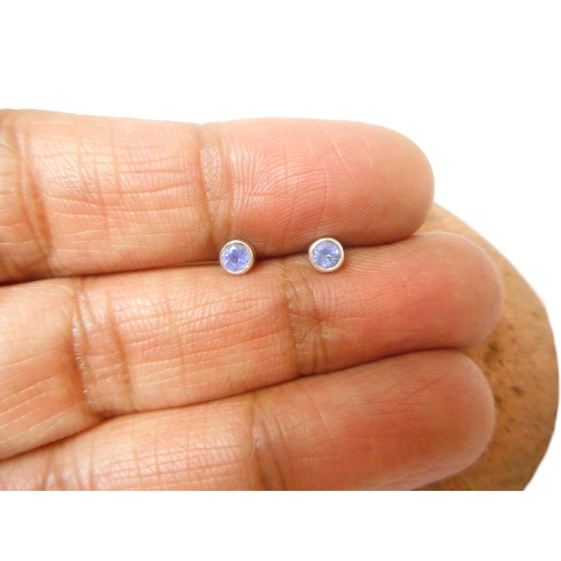 Small Round Blue TANZANITE Sterling Silver Stud Earrings 925-3 mm