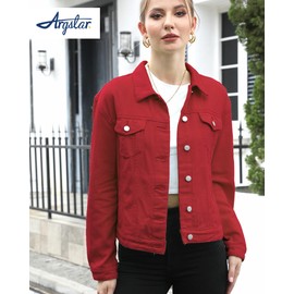 Argstar Women's Denim Jean Jackets Button Up Long Sleeve Basic Trendy Stretch Trucker Jacket Red XXL