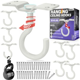 [Upgraded] 200LBS 8Pcs Rotatable Ceiling Hooks with 4 Screw Points Plate Base, White Wall Mount Metal Hanger for Hanging Plants, Bird Feeders, Lanterns, Lights, Wind Chimes, Indoor Outdoor Decor