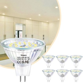 Vinaco MR16 GU5.3 LED 12V 5W (Equal to 50W), 6 Pack GU5.3 LED 4000K Neutral White 120° Flooding, No Flicker, 550LM GU 5.3 Bi-Pin Socket, Not Dimmable CRI85+ Reflector Glass MR16 12V for Indoor and