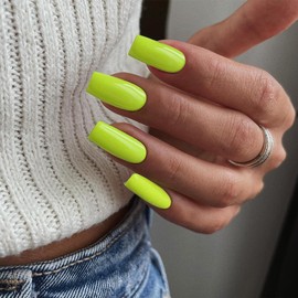 Kqueenest Uñas Postizas Acrílicas De Color Verde Neón, Uñas Postizas Cuadradas De Longitud Media Y Larga, Uñas Postizas De Ataúd De Colores Vibrantes, Uñas Postizas Natur Verde Neón Brillante 0,04 On