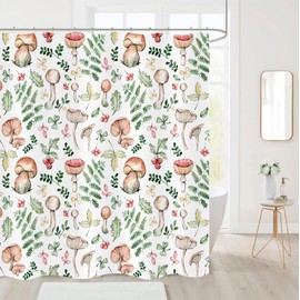 BIVINAR Mushroom and Fern Leaves Shower Curtain, Waterproof Fabric Cute Plant Botanical Bathroom Shower Curtain, 72 x 72 Inch