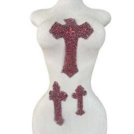 MOPISVN 3PCS Pure Handsewing Rhinestones Applique Multicolor Cross Patch DIY Craft Accessories for Dress Jackets Jeans Backpacks Hats Clothing Decoration (Wine)