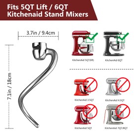 LETOMS Dough Hook for Kitchen aid 5QT Lift and 6QT Stand Mixer, Mixer Dough Attachment for Kitchen aid, Dishwasher Safe