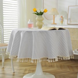 meioro Striped Tablecloth, Rectangular Tablecloth with Tassels, Washable Tablecloths, Decorative Table Linen for Kitchen, Dining Room and Tabletop (Grey/White Stripes, Diameter 150 cm)