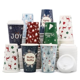 SUREPHON Christmas Disposable Coffee Cups with Lids, 60 Pack 16 Oz To Go Coffee Cups, 6 Designs Christmas Coffee Drinking Paper Cups for Hot Chocolate, Hot Cocoa, Xmas Dinner Party