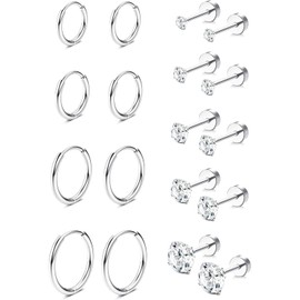 9 pair earrings set for multi piercing allergy prevention 14K gold plated small Huggie hoop earrings Women's ball square crystal Zircon gold flat back stud earrings Drop (Silver)