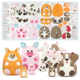 kullaloo Fabric Sewing kit for Beginners - DIY Craft Kit for Girls & Boys - Farm Animal Cut & Sew Fabric Panel with Cow, Pig, Dog & Cat (Happy Farm)