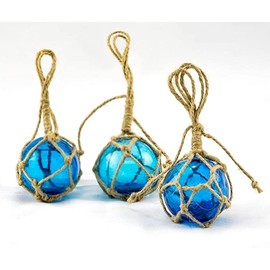 Japanese Glass Fishing Floats Ball - 3" Aqua (3 Pack) - Glass Buoys with Rope - Japanese Glass Floats - Fishing Float Glass - Glass Float Balls - Glass Ball Float Decor - Nautical Glass Balls