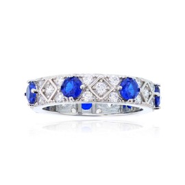 DECADENCE Sterling Silver Rhodium Round White & Blue Cubic Zirconia Eternity Band