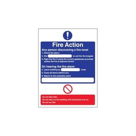 V Safety Any Person Discovering A Fire... Fire Action Notice Sign - 210mm x 297mm (A4) - 1mm Rigid Plastic