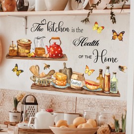 Bowl Kitchenware Utensil Shelf Wall Stickers, sacinora The Kitchen is the Heart of Home Butterfly Bee Wall Decal Removable Vinyl Peel and Stick for Kitchen Dining Restaurant Baking Room Bar Home Decor