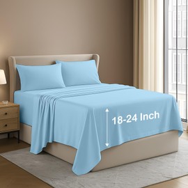 NON Sticky cotton 4 Piece King Extra Deep Pocket Sheet Set, 100% Egyptian Cotton, Soft and Breathable Bedding Sheets, Fits 18" to 24" High Mattress, 78" x 80", Light Blue Solid