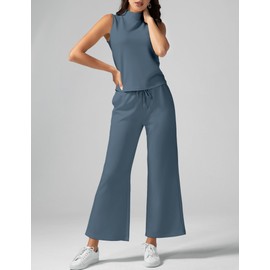 Casly Lamiit 2 Piece Outfits for Women 2025 Fashion Sleeveless Lounge Sets Cropped Pants Matching Set Spring Trendy Loungewear Clothing Set Dressy Tracksuit Athleisure Blue Grey Petite XS