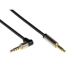 PYTHON Series Premium Audio AUX 3.5 mm Jack Cable 4-Pin - 1 m - Full Metal Plug with 2 mm Step for Protective Cases on Both Sides - Angled on One Side - Copper Conductor - Textile Braid - Black