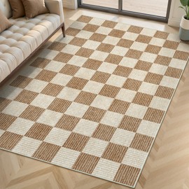 LIVEBOX 4x6 Washable Area Rug Checkered, Non-Slip Small Entryway Rug Brown Farmhouse Neutral Classic Geometric Boys Rug for Bedroom Living Room Low-Pile Carpet for Indoor Kitchen Bathroom(Brown 4'x6')