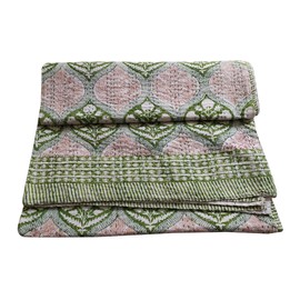 thehandicraftworld Cotton Kantha Quilt Blanket, Green Floral Print, 90x108 Inch