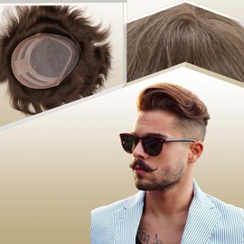 Men's Hairpiece Human Hair Replacement Systems Toupee for Men Thin Skin with Mono Lace Top and PU Around 10x8 inch Medium Density Free Hairstyle 17 Light Blonde Brown Color