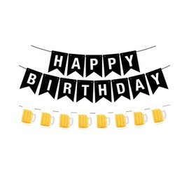 Elaliyi Beer Happy Birthday Banner & Mugs Black Beer Birthday Banner With Black and White Happy Birthday Decorations Perfect for Adults' Birthday Parties