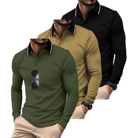 ZITY 3 Pack Men Polo Shirts Long Sleeve with Pocket Golf Shirts Shirts for Men Casual Work Athletic Collared T-Shirts