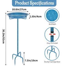 KHayRovies Metal Bird Bath for Outside, 36.2" Height Birdbath Bowl Standing Bird Feeders for Outdoors with 4 Prongs Base Stake, Freestanding Birdfeeders for Garden Yard Lawn Decor (Retro Blue)