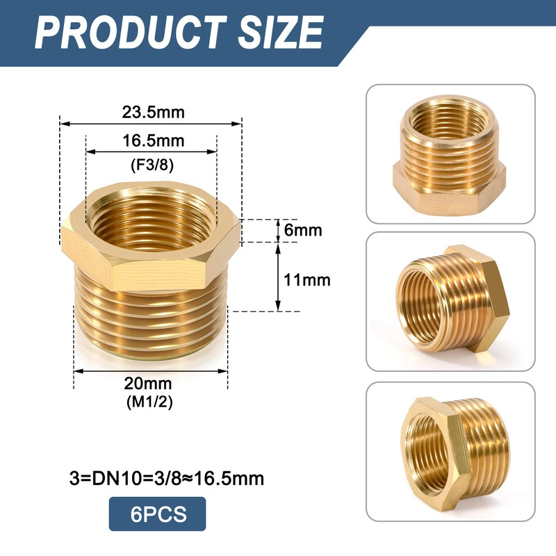 Brass Reducer, 1/2 Inch Male Thread x 3/8 Inch Female
