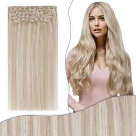 Fshine Real Hair Extensions, 150 g, 7 Pieces, 60 cm Dirty Blonde Highlights, Bleach Blonde Real Hair Extensions, Clip-In Extensions, Natural Hair Extensions in Colour 18P613