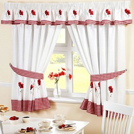 HomeSpace Direct Poppies Pencil Pleat Kitchen Pelmet 136 x 10 inch Embroidered Floral Gingham Checked, Polyester, Red, 136 x 10-Inch