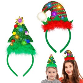Pack of 2 Christmas Headbands, Adults, Children, LED Headbands, Christmas Tree and Elf Hat, Christmas Headpiece, Hair Accessories for Christmas, Costumes, Accessories, Cosplay, Carnival Party