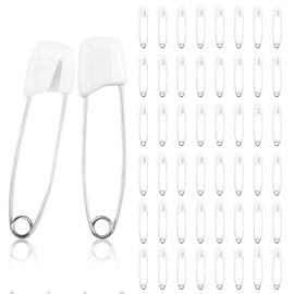 CJMUQHEHH Pack of 50 Safety Pins for Babies, 55 mm Safety Pins Large with Locking Clasp, Robust Safety Pin Stainless Steel with Plastic Clasp, Safety Pins for Nappies, Clothes, White
