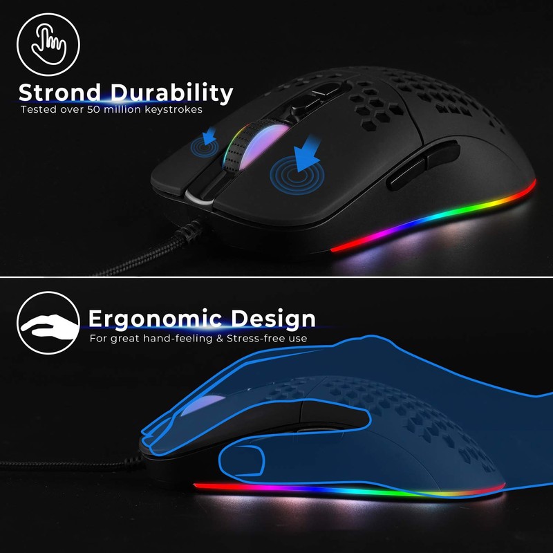 Zienstar-Kabelgebundene USB C Gaming Mäuse,Leichte Wabenschale,7200DPI,RGB-Leuchten für Apple MacBook,Computer oder