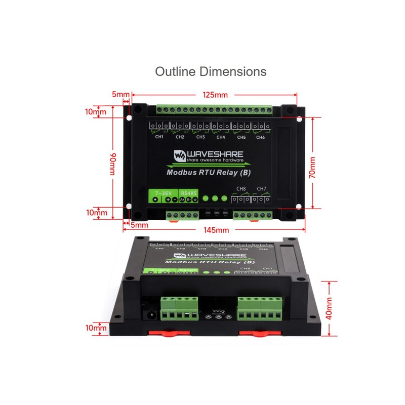 waveshare 8-CH Modbus RTU Relay Module with RS485 Interface, Modbus