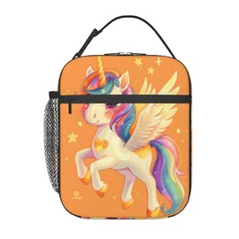 Plistiz Fantasy Unicorn Lunch Box,Insulated Lunchbox,Star and Orange Background Bags,Reusable Cooler Lunchbag for Picnic,Travel,Office,Camping,Ideal Gifts for Women,Girls,Kids