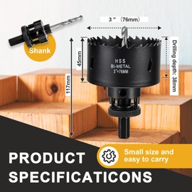 76mm Hole Saw Drill Bit for Metal and Wood, 3 inch HSS Bi-Metal Hole Cutter with cutting Depth of 40mm for Punching Circular Holes on Ceiling Board, Acrylic Panel, Plate Steel and Sheet Iron