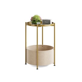 Small Round Side Table with Felt Storage Basket and Removable Tray