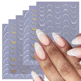 French Tip Nail Art Sticker Nail Decals 3D Self-Adhesive Silver Gold French Tip Nail Sticker Daily DIY Nail Decoration Charms Supplies Stickers Nails Tips for Women Girls