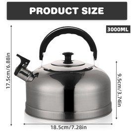 3 L Kettle, Stainless Steel Whistling Kettle, 410 Thickened American Kettle Made of Stainless Steel with Whistle When Water Boils, Tea Kettle, Suitable for All Types of Cookers, Steel Camping Kettle