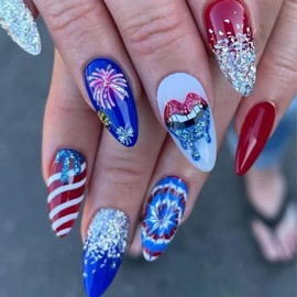 TBRZTR Independence Day Press on Nails Medium Almond Fireworks Lips Pattern Design 4th July False Nail Glitter Powder Stripes Patriotic Acrylic Fingernails Artificial Glue on Nails for Women 24Pcs