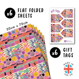 Pink Wrapping Paper - 6 Sheets Birthday Wrapping Paper with Tags - Abstract Colourful Pattern - For Women, Girls - With Stickers - Recyclable - From Central 23