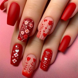 TBRZTR Valentine's Day Red Heart Press on Nails Medium Ballet Shaped Flower False Nails Full Cover Glossy Artificial Nails Red Valentine's Nails Holiday Stick on Nails Glue on Nails for Women 24Pcs