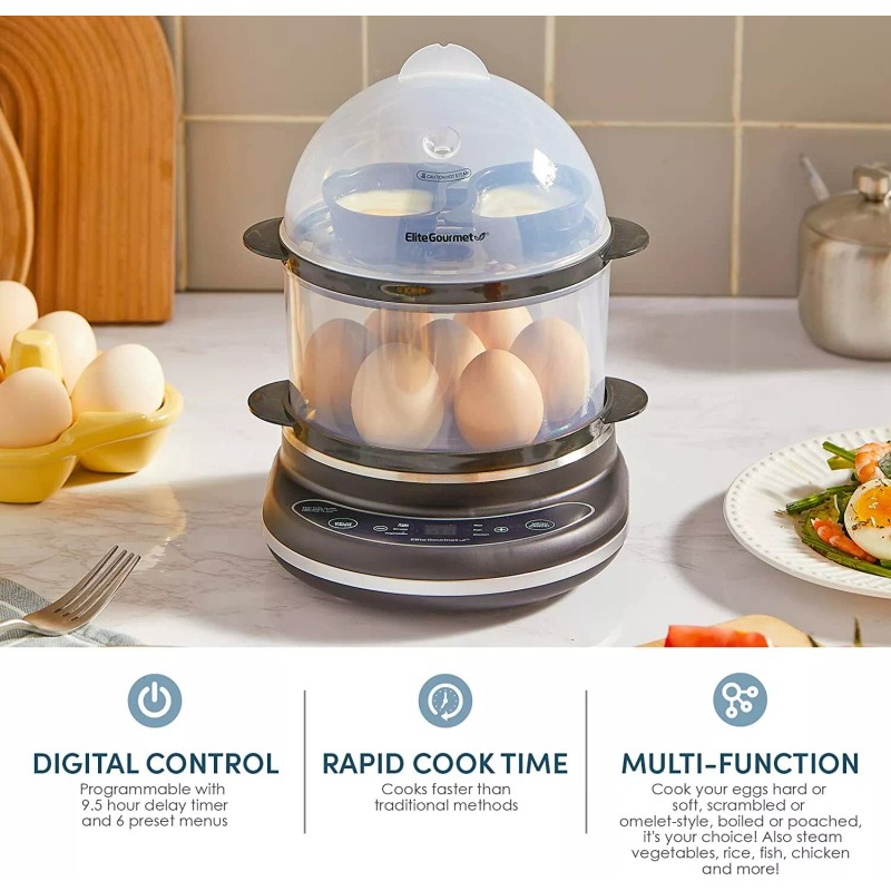 Elite Gourmet Easy Egg Cooker Programmable Presets and Delay Timer,