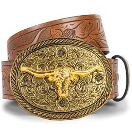 IZUS Men-Women Longhorn-Bull-Head Western-Cowboy-Belt Floral-Embossed PU-Leather Rodeo Cowgirl-Belt 1.5" Wide for Jeans (Bull Oval Buckle-Brown Strap, 39" Belt for 29"-33" Waist)