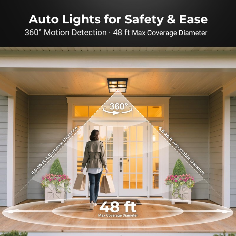 VIANIS Motion Sensor Outdoor Ceiling Light with Remote Control, 2-Light